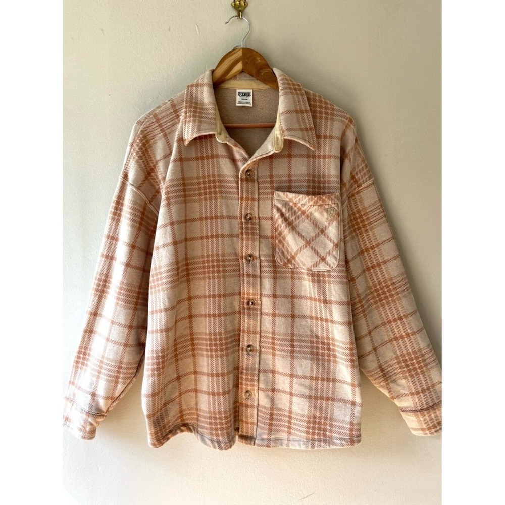 XL Victorias Secret PINK Womens Beige Plaid Flannel Shirt or Shacket Pocket